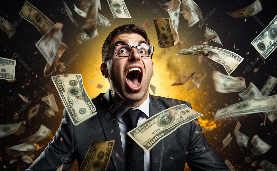 Empresário engraçado gritando com dinheiro