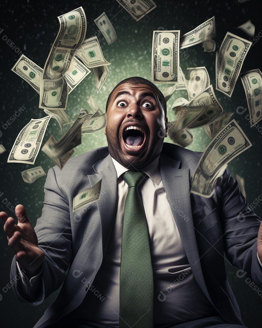 Empresário engraçado gritando com dinheiro