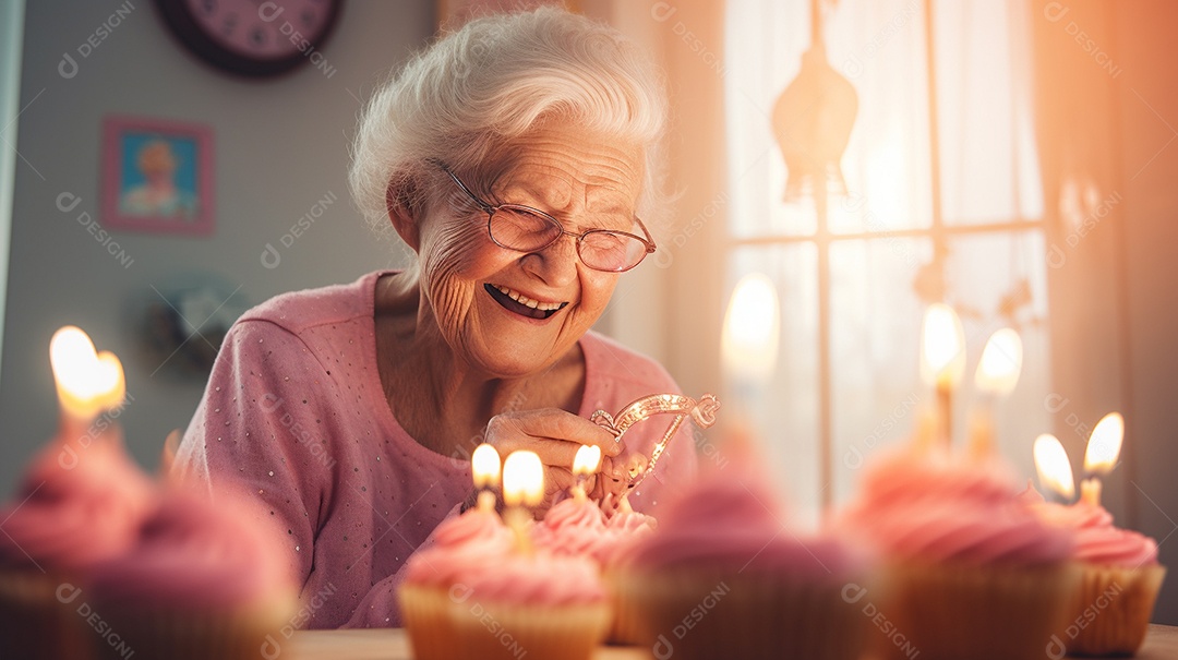 Mulher está soprando as velas dos cupcakes