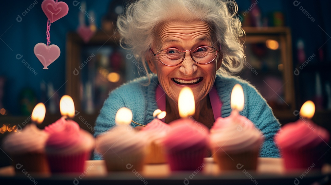 Mulher está soprando as velas dos cupcakes