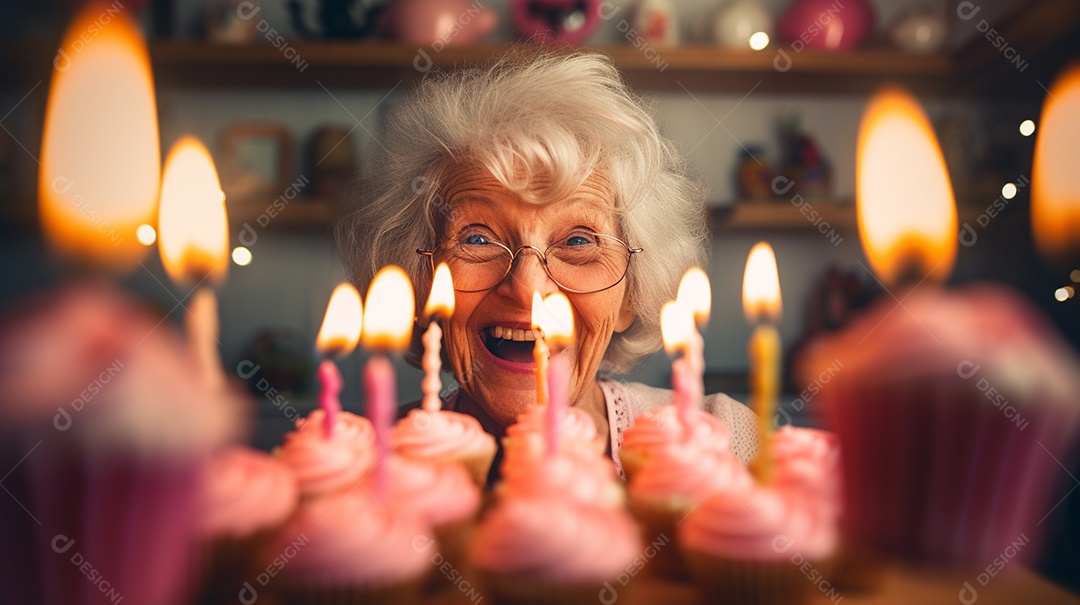 Mulher está soprando as velas dos cupcakes