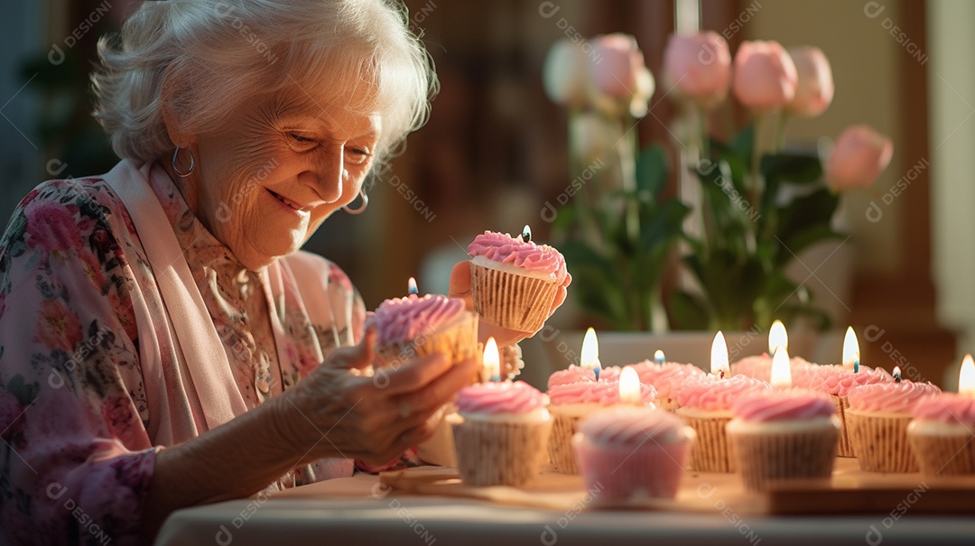 Mulher está soprando as velas dos cupcakes