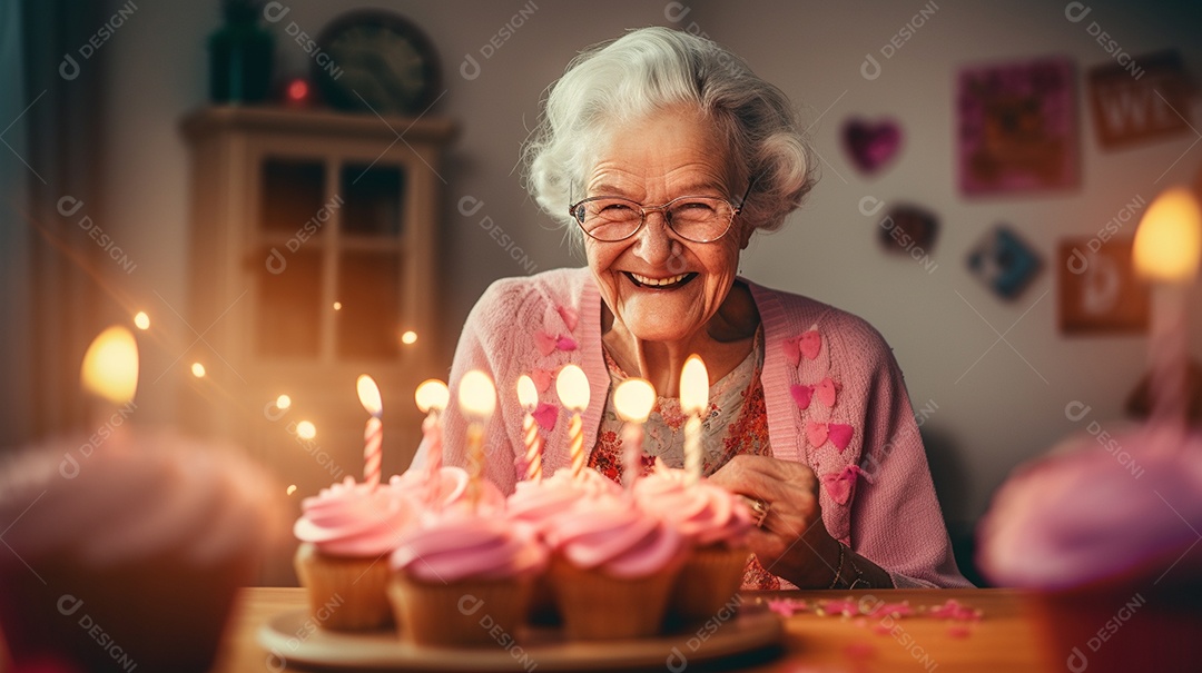 Mulher está soprando as velas dos cupcakes