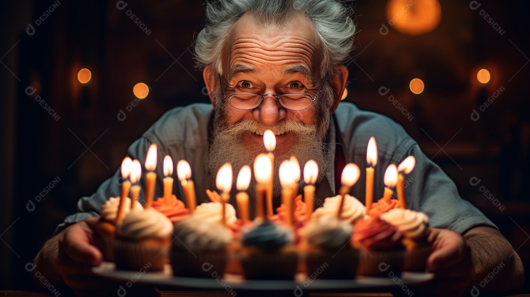 Homem está soprando as velas dos cupcakes