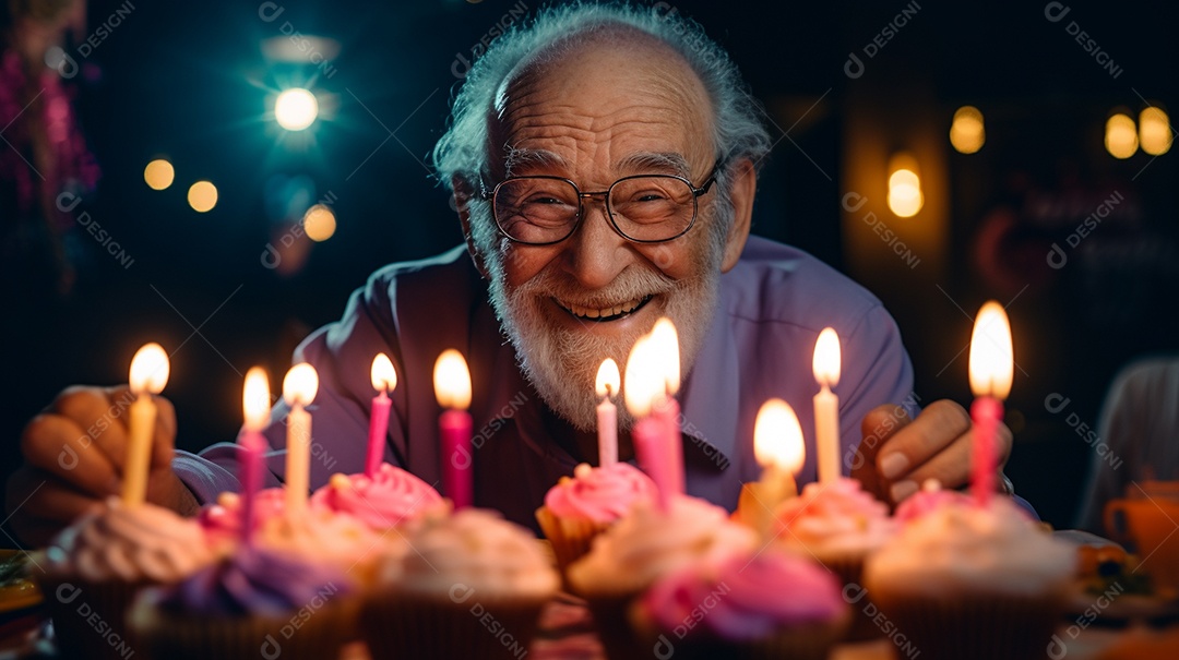 Homem está soprando as velas dos cupcakes