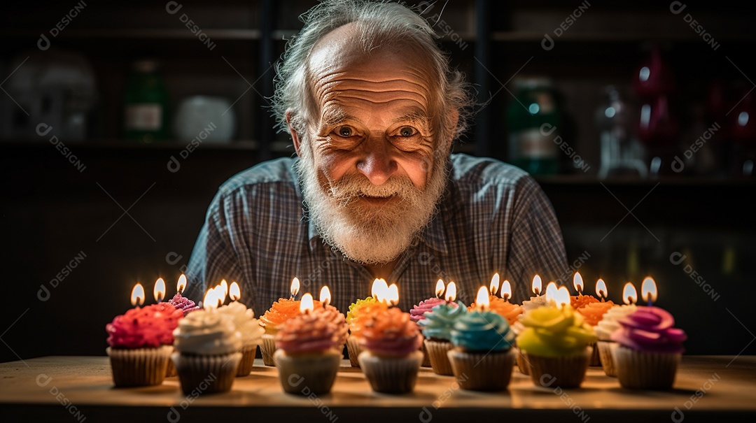 Homem está soprando as velas dos cupcakes