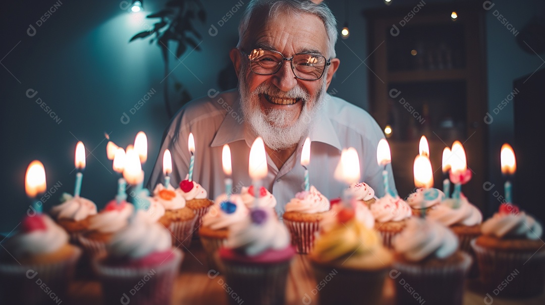Homem está soprando as velas dos cupcakes