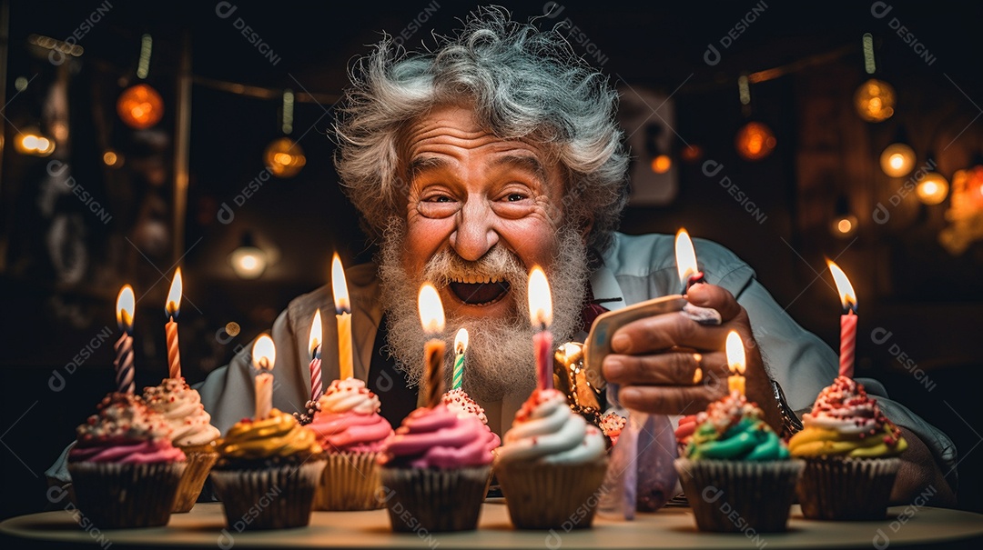 Homem está soprando as velas dos cupcakes