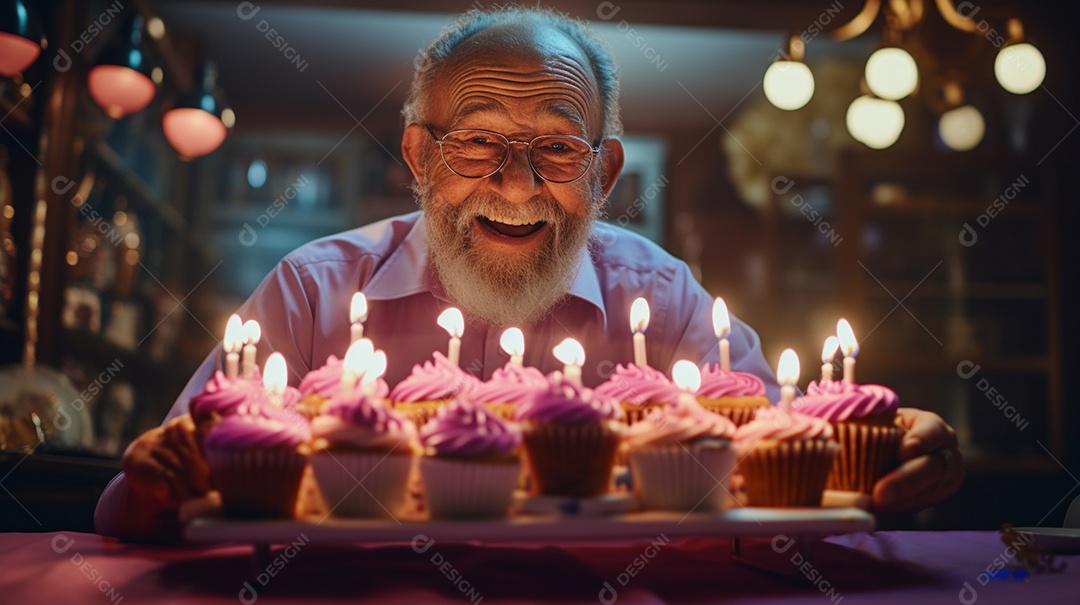 Homem está soprando as velas dos cupcakes