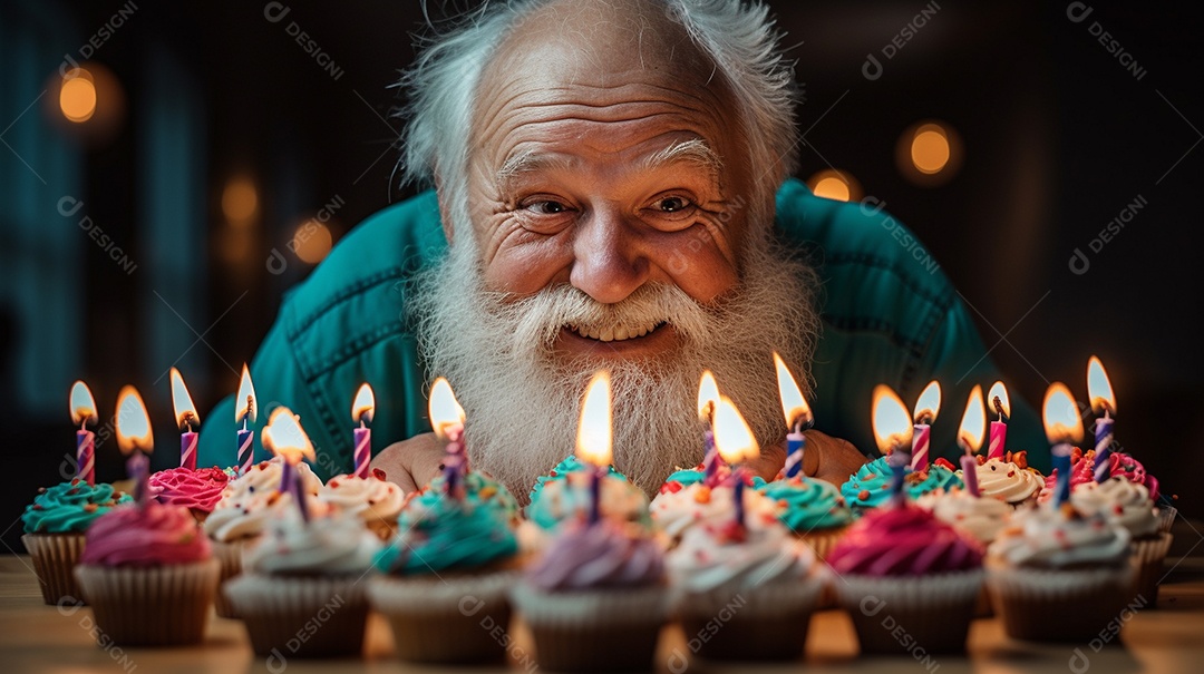 Homem está soprando as velas dos cupcakes