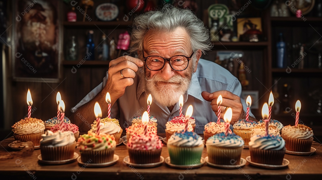 Homem está soprando as velas dos cupcakes