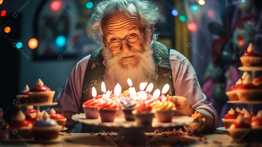 Homem está soprando as velas dos cupcakes