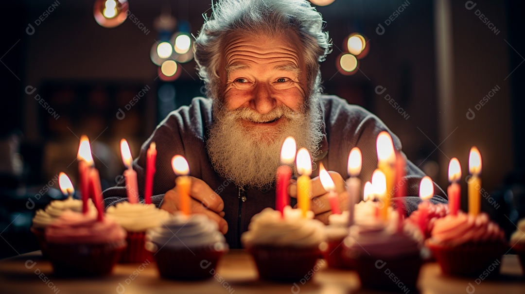 Homem está soprando as velas dos cupcakes