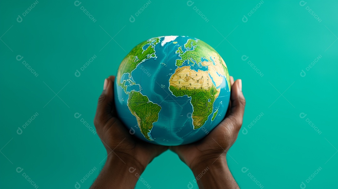 Mão segurando um globo terrestre azul