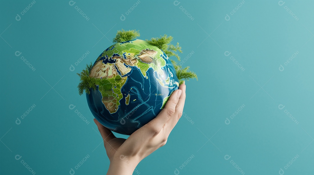 Mão segurando um globo terrestre azul