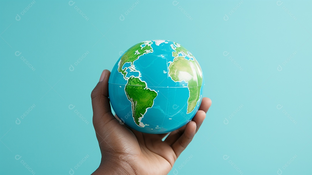 Mão segurando um globo terrestre azul