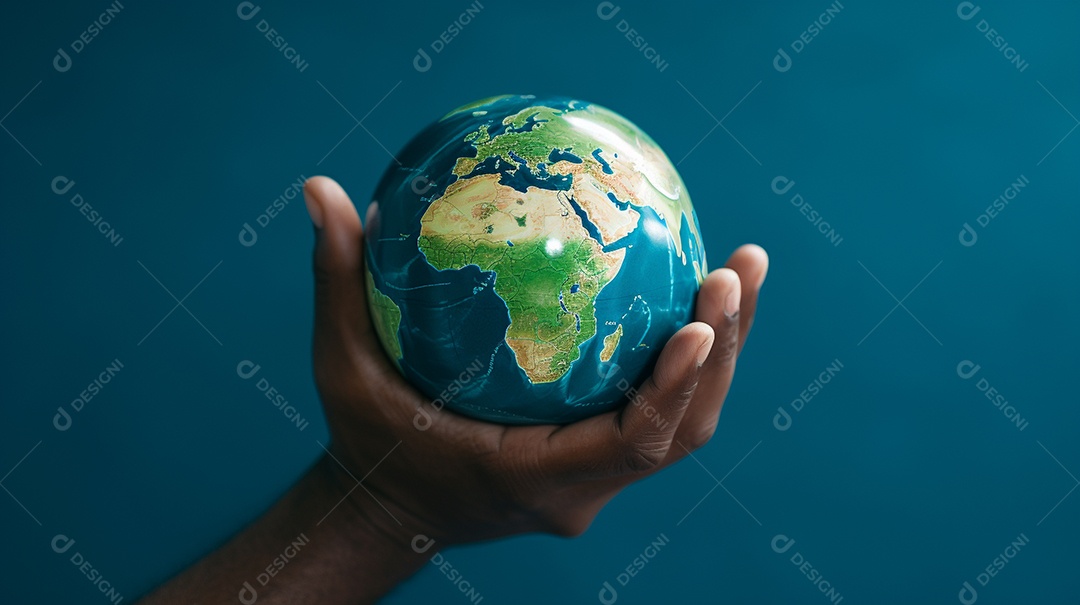 Mão segurando um globo terrestre azul