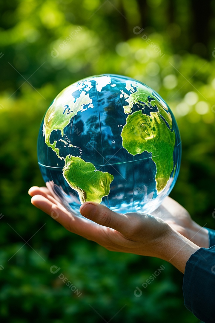 Mão segurando um globo terrestre azul