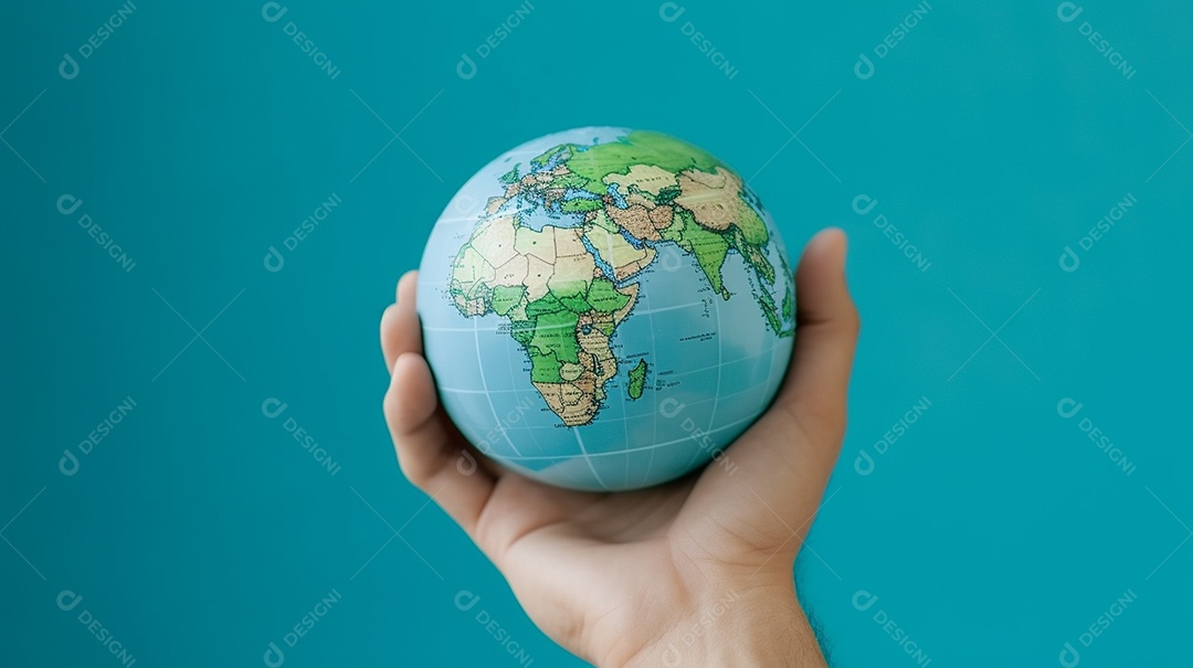 Mão segurando um globo terrestre azul