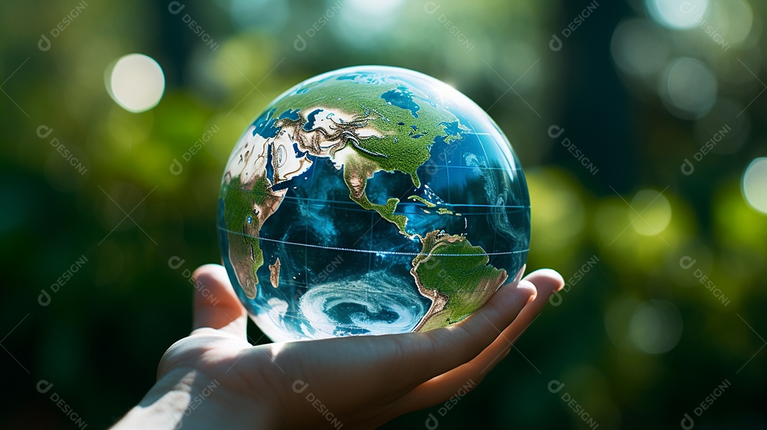 Mão segurando um globo terrestre azul