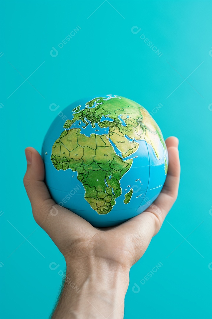 Mão segurando um globo terrestre azul