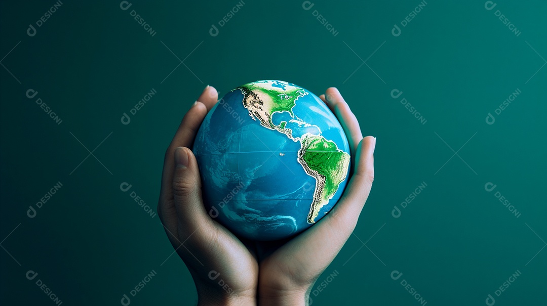 Mão segurando um globo terrestre azul