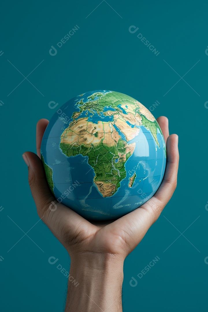 Mão segurando um globo terrestre azul