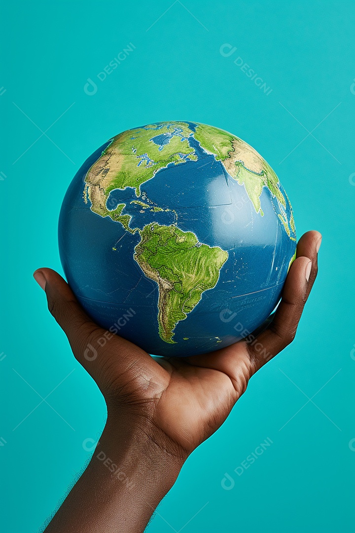 Mão segurando um globo terrestre azul