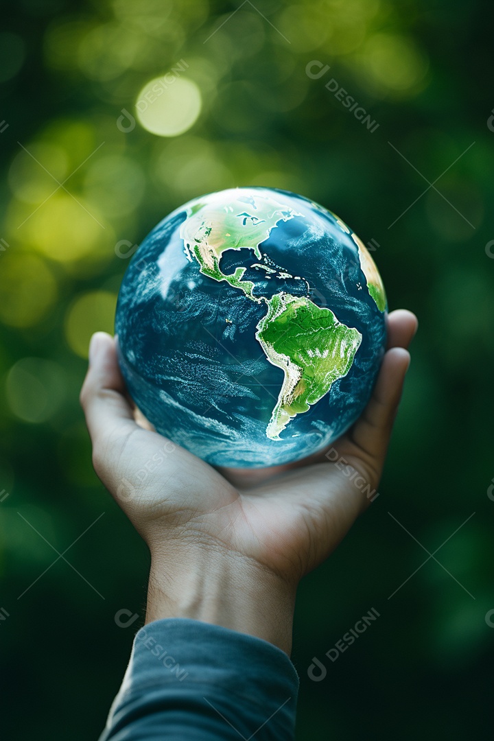 Mão segurando um globo terrestre azul