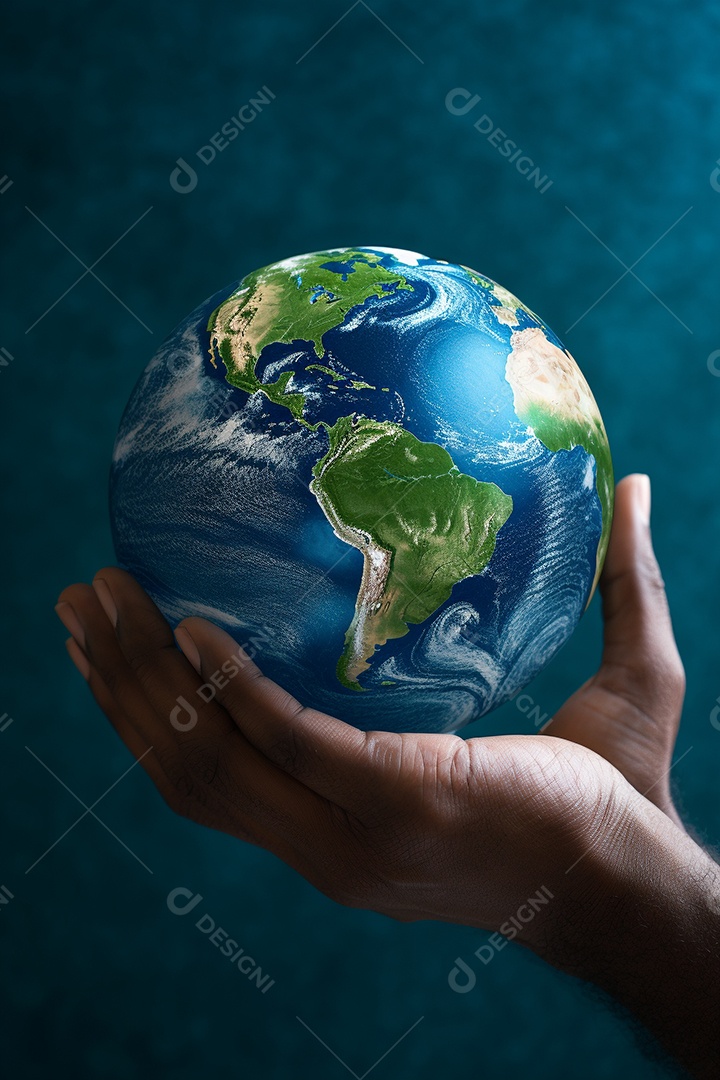 Mão segurando um globo terrestre azul