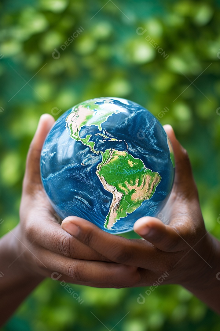 Mão segurando um globo terrestre azul