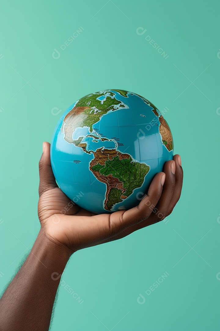 Mão segurando um globo terrestre azul