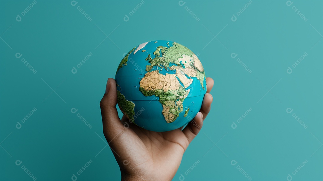 Mão segurando um globo terrestre azul