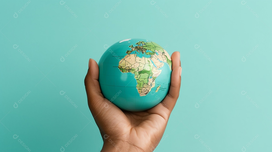 Mão segurando um globo terrestre azul