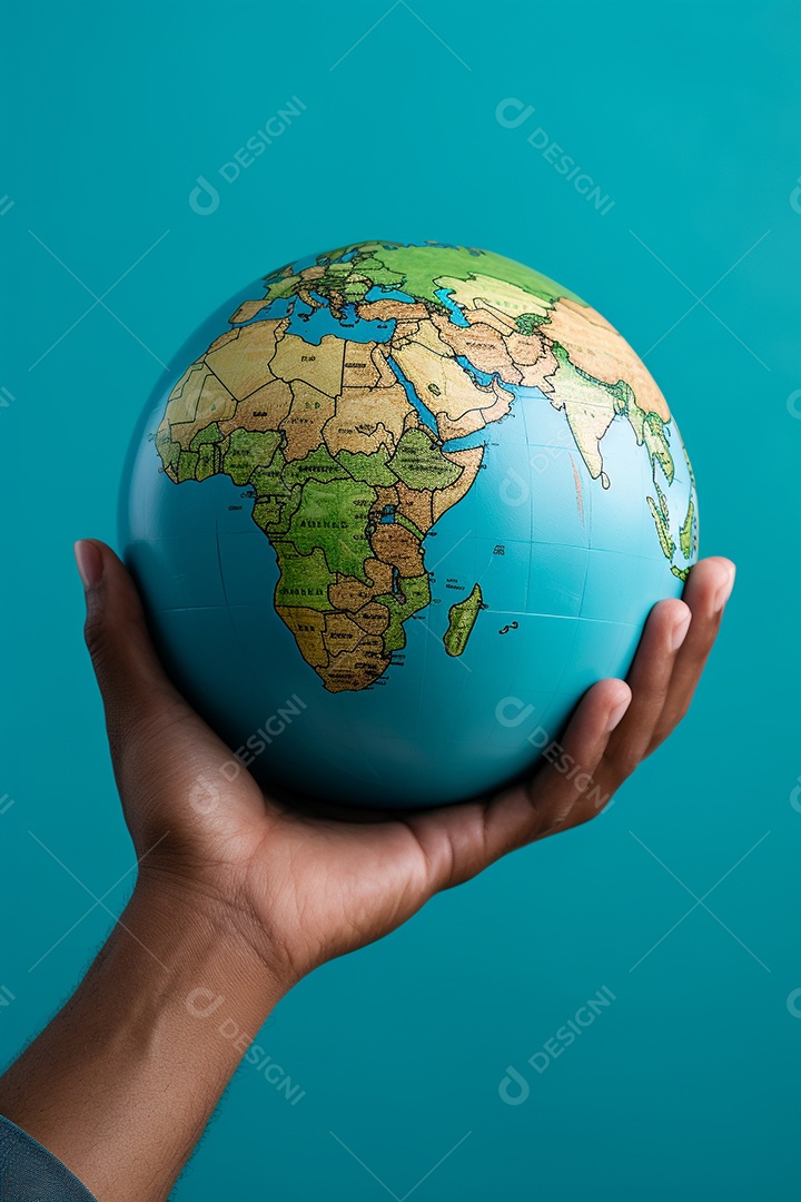 Mão segurando um globo terrestre azul