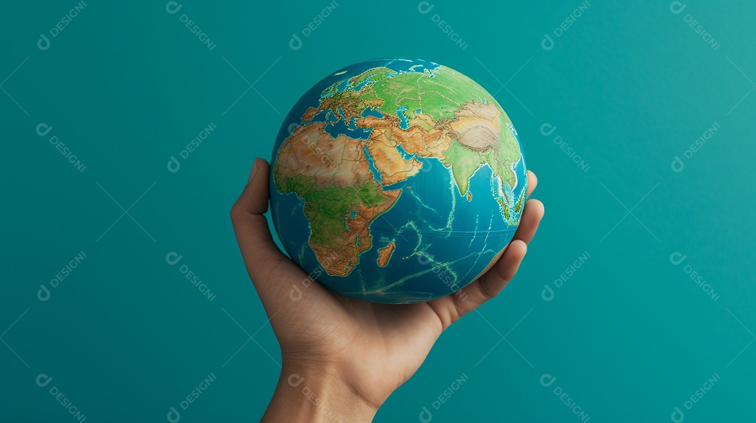 Mão segurando um globo terrestre azul