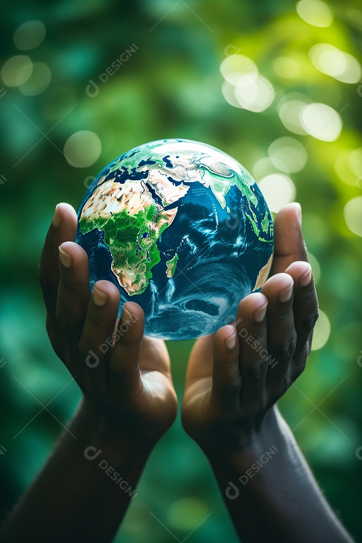 Mão segurando um globo terrestre azul