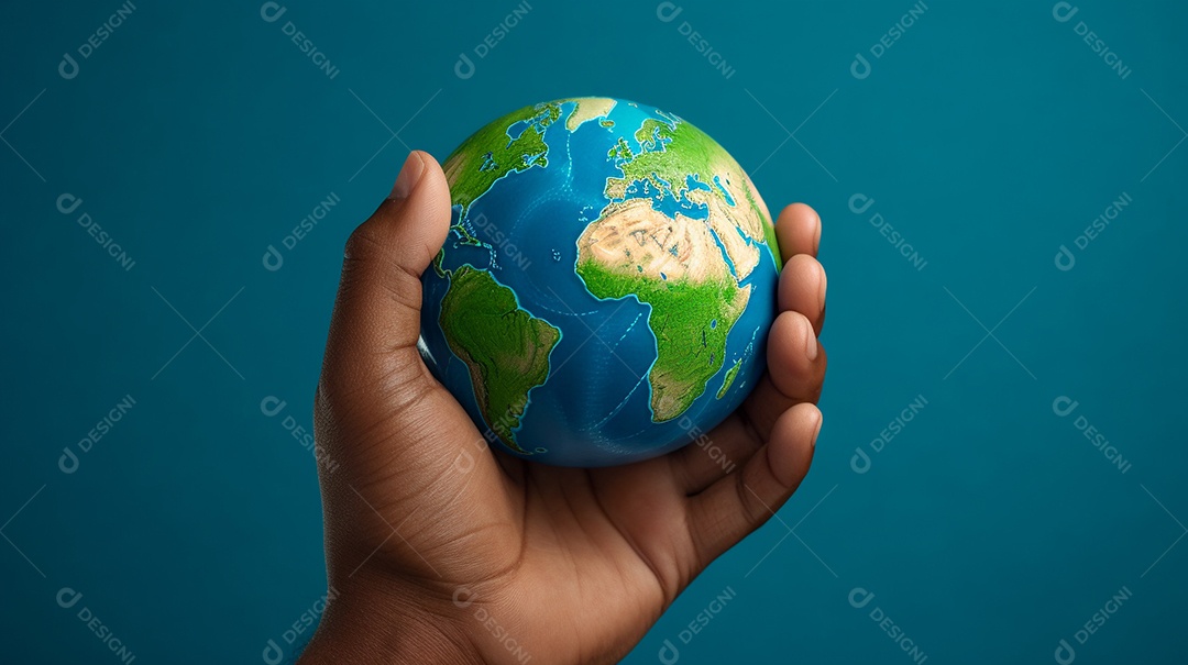 Mão segurando um globo terrestre azul