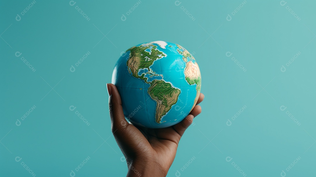 Mão segurando um globo terrestre azul