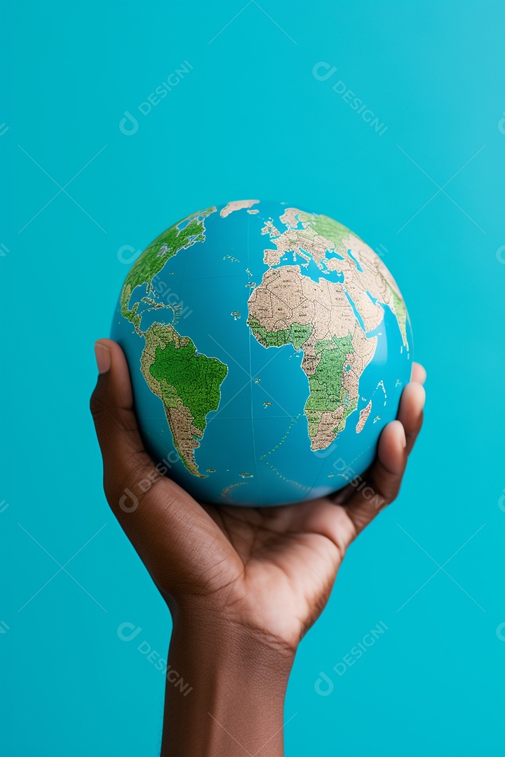 Mão segurando um globo terrestre azul