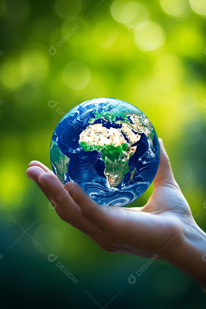 Mão segurando um globo terrestre azul