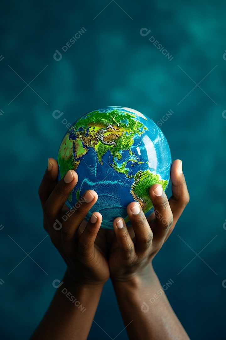 Mão segurando um globo terrestre azul