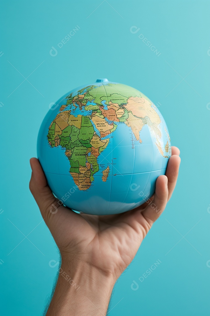 Mão segurando um globo terrestre azul