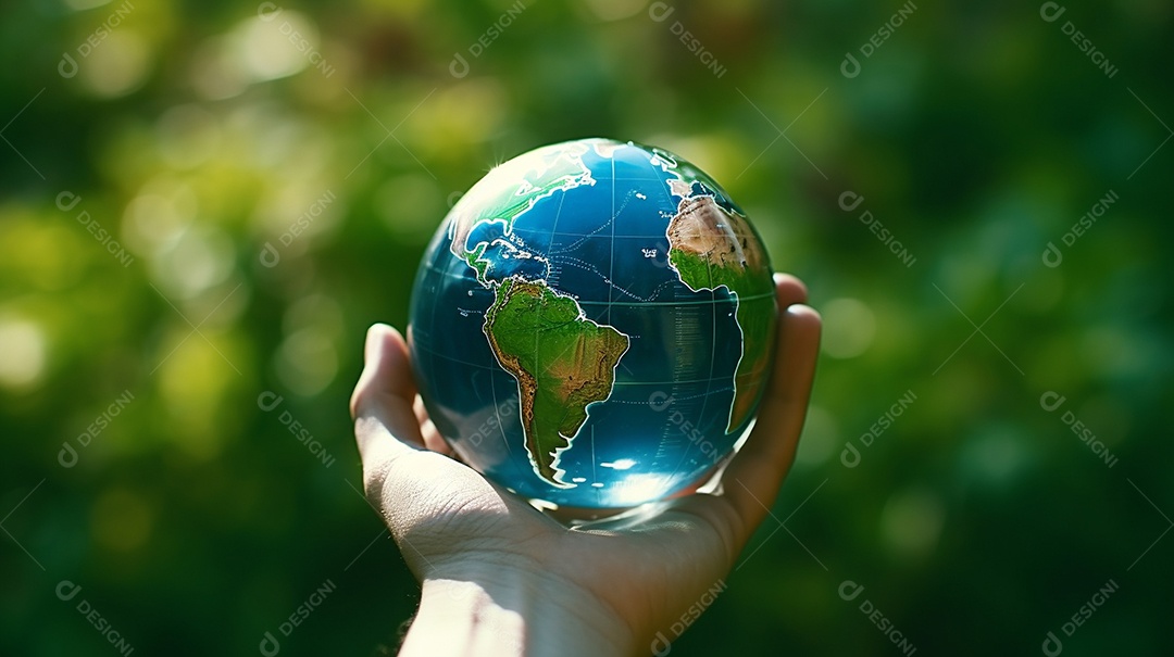 Mão segurando um globo terrestre azul
