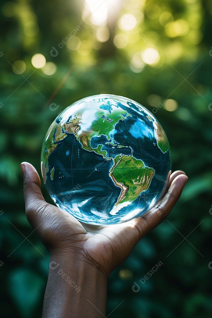 Mão segurando um globo terrestre azul