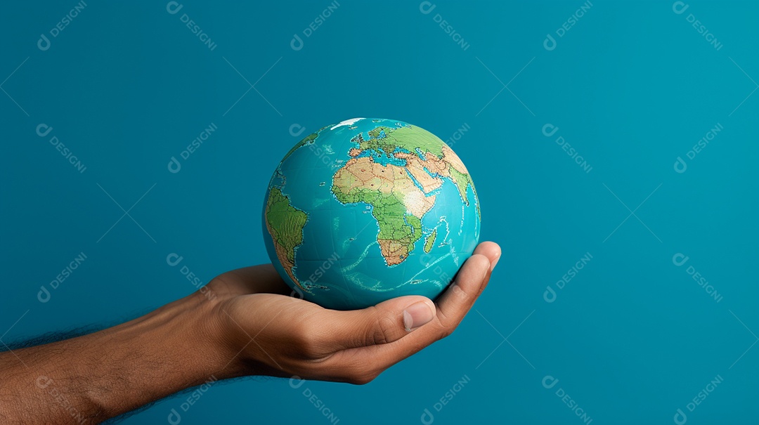 Mão segurando um globo terrestre azul