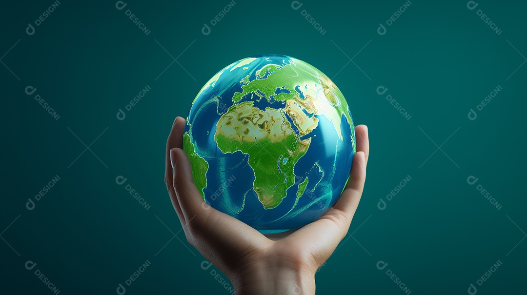 Mão segurando um globo terrestre azul