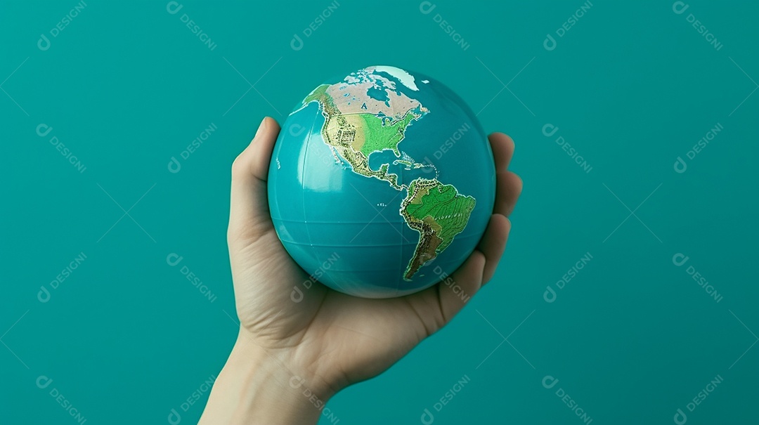 Mão segurando um globo terrestre azul