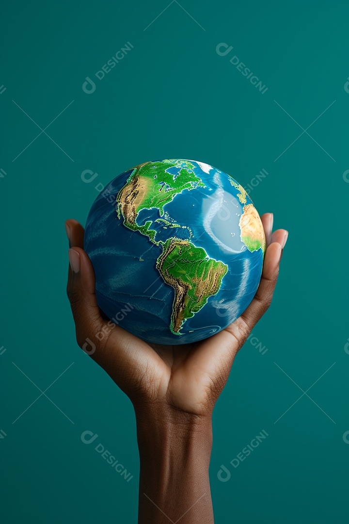 Mão segurando um globo terrestre azul