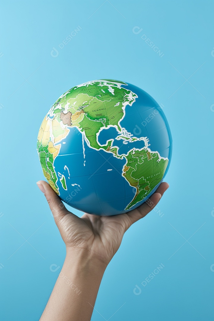 Mão segurando um globo terrestre azul